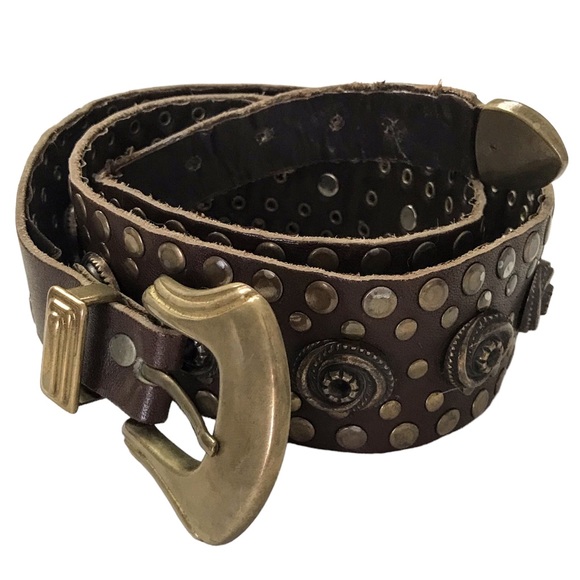 Studded Rosette Belt Brown Leather Brass Color Hardware Rustic Distressed - Picture 13 of 15